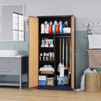 Broom Closet Storage Cabinet with Lock, Metal Garage Storage Cabinet with Doors and Shelves, Steel Wardrobe Cabinet with Hanging Rod, Utility Cabinets Closet for Kitchen, Office, Shop, Warehouse
