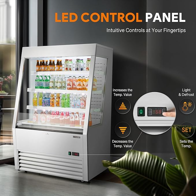 Wilprep Commercial Display Refrigerator, 36" Open Air Merchandiser with 12.2 cu. ft. Volume LED Lighting Night Curtain, Grab and Go Display Refrigerator Showcase for Store Cafe Bar Shop
