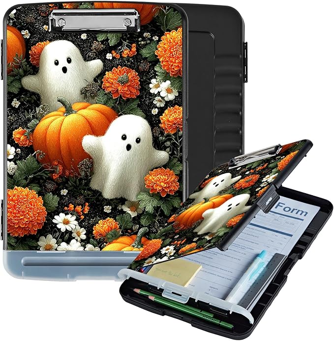 Clipboard with Storage Box & Pen Holder,Heavy Duty Clip Boards 8.5x11 for Nursing,High Capacity,School & Office Supplies,Pumpkins Ghosts