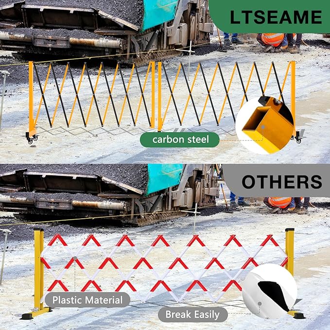 16.5FT Expandable Barricade Gate, Expandable Metal Barricade Gate Alloy Fence and 270 Degrees Direction Adjustment with Wheels, for Industrial or Residential Use (Yellow, 16.5FT)