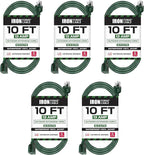 Iron Forge Cable 5 Pack Weatherproof 10 Ft Outdoor Extension Cord - 16/3 SJTW Heavy Duty Green Extension Cord 3 Prong - 13 Amp Exterior Power Cable