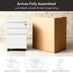Mount-It! 3 Drawer File Cabinet with Lock and Wheels, Under Desk Storage Filing Pedestal for Home Office, No Assembly Small Rolling File Cabinet for Legal, Letter, and A4 Files in White
