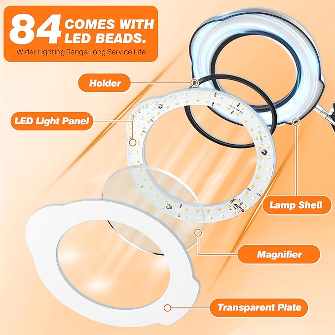 10X Magnifying Glass with Light and Stand, 84 LEDs 2 in 1 Magnifier Lamp with Clamp and 5 Color Stepless Dimmable Modes for Hands Free Reading Sewing Crafts Repair and Close Work
