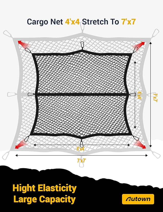 Cargo Net for Pickup Truck Bed - Stretchable 4'x4' to 7'x7', High Elastic Fine Mesh 1''x1'' with 8 Metal Carabiners - Ideal for ATV, SUV, UTV, Truck and Boat Use (Single Layer)