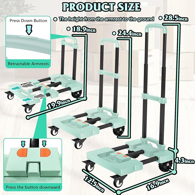 Heavy-Duty 500LB Capacity Hand Truck with One-Touch Retractable Handle & Extendable Plate, Portable Collapsible Dolly Cart with 4 Wheels w/Brakes Folding Luggage Cart for Travel/Home Use, Green
