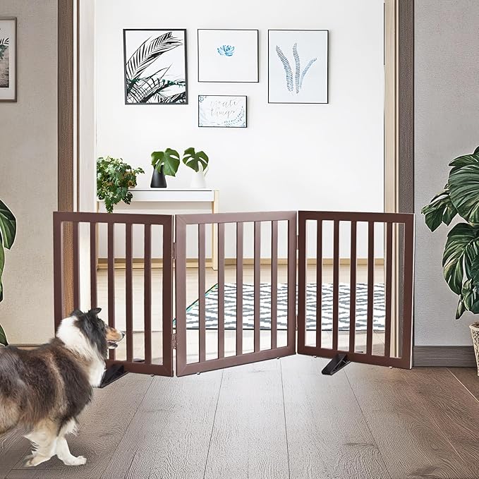 ZJSF Freestanding Indoor Dog Gate for House Foldable Wood Puppy Gate for Doorways Pet Gate for Stairs Extra Wide Pet Fence, Brown, 24" Height 3 Panels