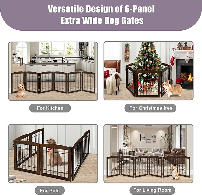 LZRS 6-Panel Extra Wide Wooden Freestanding Dog Gate: Foldable Solid Wood and Steel Wire Chew Resistant Safety Barrier for Doorways, Stairs, and Open Long Spaces Indoor Use, Walnut