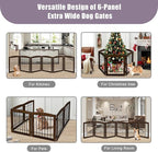 LZRS 6-Panel Extra Wide Wooden Freestanding Dog Gate: Foldable Solid Wood and Steel Wire Chew Resistant Safety Barrier for Doorways, Stairs, and Open Long Spaces Indoor Use, Walnut