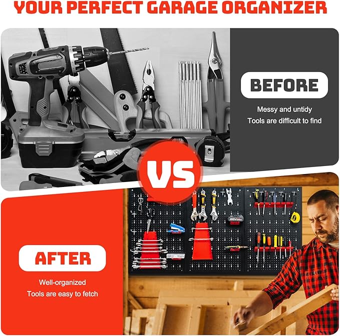 Goplus Garage Pegboard Tool Organizer, 4ft Metal Pegboard Wall Organizer w/3 Pegboards, Drill Bit Rack, Wrench Rack, Hooks Accessories, Wall-Mounted Tool Storage Peg Board for Workshop, Black