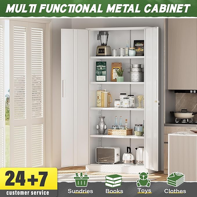 Greenvelly Metal Storage Cabinet with 2 Doors and 4 Adjustable Shelves,72" White Metal Cabinet,Steel Cabinet Locking Cabinets with 2 Keys for Office,Home, Garage, Gym, School