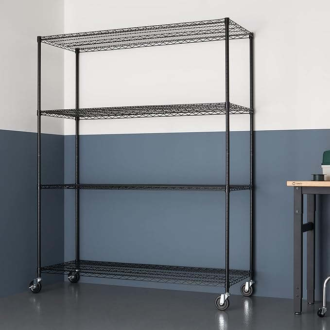 Trinity Basics 4-Tier Adjustable Wire Shelving with Wheels for Kitchen Organization, Garage Storage, Laundry Room, NSF Certified, 600 to 1800 Pound Capacity, 60” by 24” by 72”, Black