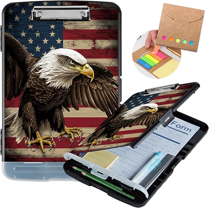 Clipboard with Storage,Heavy Duty Plastic Storage Clipboard with Low Profile Clip,Teacher Must Haves,Office Supplies,American Flag Owls