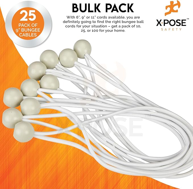 Xpose Safety Bungee Ball Cords 9" 25 Pack Heavy Duty White Stretch Rope with Ball Ties for Canopies, Tarps, Walls, Cable Organization
