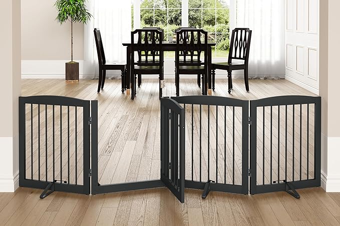 Freestanding Dog Gate with Door, Pet Gate for Stairs, 80 inch Wide Pet Barrier Indoor, Dog Fences Indoor, Support Feet Included, 4 Panels, 24" Tall, Grey