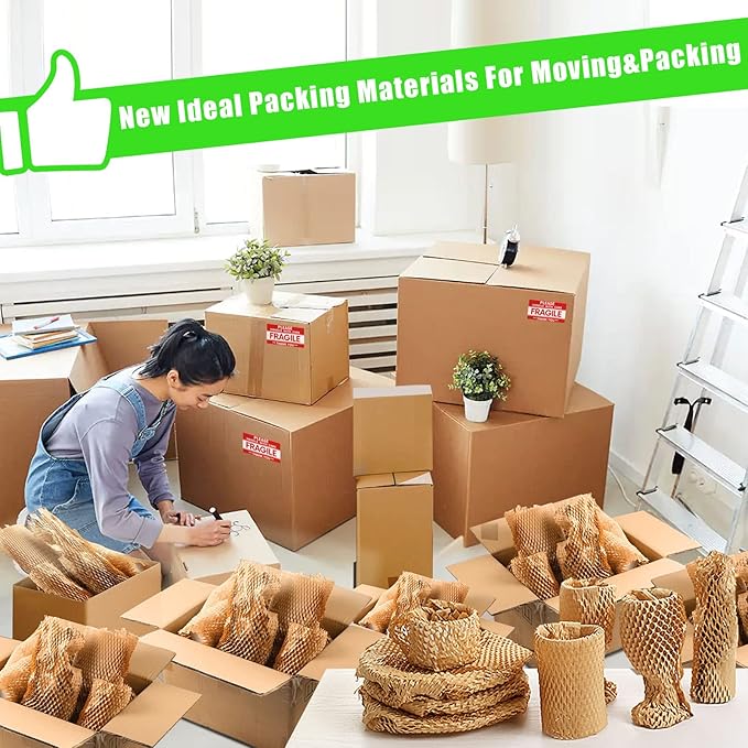 Honeycomb Packing Paper, MINHAO 15"x500' Eco Friendly Packing Paper for Moving Recyclable Honeycomb Paper Moving Supplies Bubble Paper Wrapping Protective Roll, With 36 Fragile Sticker Labels