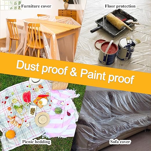 Pre-Taped Masking Film, 4 Rolls 8.8 x 65 Feet Plastic Sheeting, Painters Drop Cloth for Automotive, Furniture, and Appliance Protection