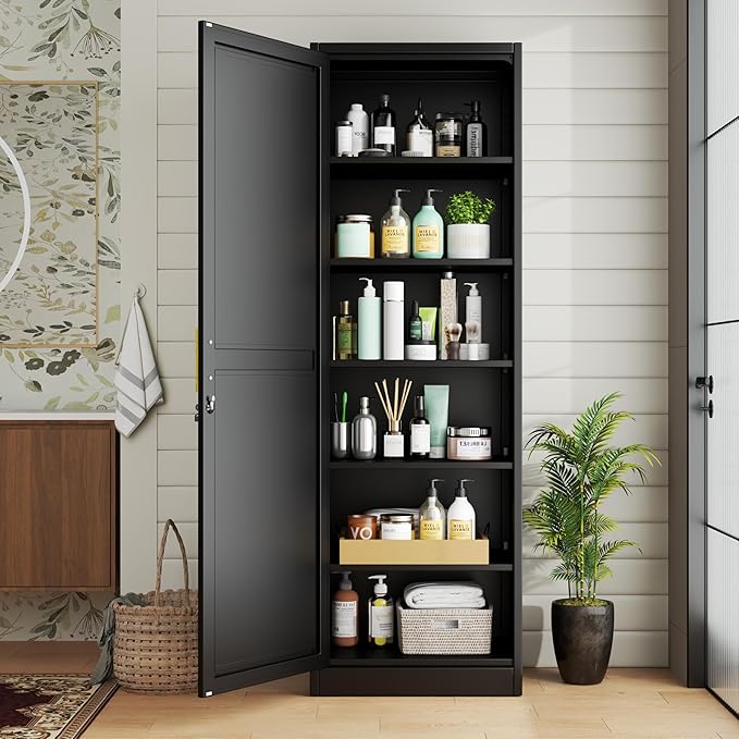 Metal Locker Cabinet, 19.7’’W Narrow Lockable Single File Storage Cabinet, Bathroom Cabinet with Lock and Adjustable Shelves for Living Room, Home Office, Kitchen, Black