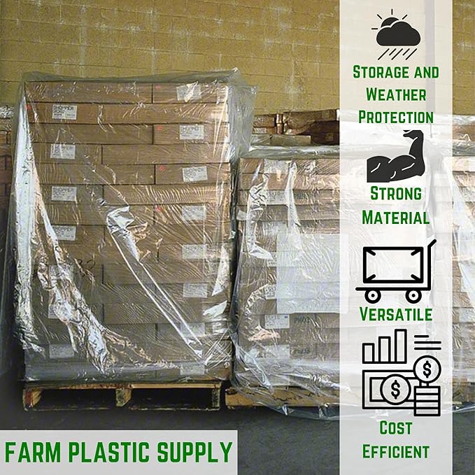 Farm Plastic Supply - Pallet Cover Bags 5 Pack - 3 Mil Clear (55" x 53" x 75") - Heavy Duty Construction Grade Strength Pallet Bags, Polyethylene Pallet Bags, Outdoor Protection, and Pallet Storage