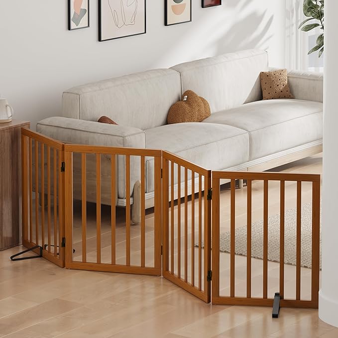Dog Gate, Bamboo Free Standing Dog Gates for Doorways, Foldable Dog Gate Indoor, Pet Gates for Doorways Bedroom, Puppy Gate with Metal Support Feet, Room Divider 4 Panels (walnut)