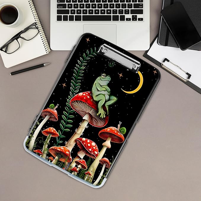 Clipboard with Storage,Office Supplies Nursing Clipboards Folder with Pen Holder Plastic Storage ClipBoard Foldable for Teacher Nurse,Mushroom Frog