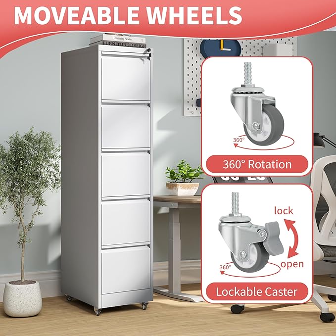 5 Drawer File Cabinet with Wheels,Metal Mobile Filing Cabinets with Lock,White Rolling File Cabinet for Home Office,Heavy Duty Storage Cabinet for A4/Letter/Legal Size File,Assembly Required