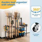 ROGMARS Garden Tool Organizer with Wheels for Garage,49" Heavy Duty 3 Tier Yard Tool Holder Storage Rack with Large Hooks for Shed/Yard/Broom/Lawn/Long-Handled Garden Cart