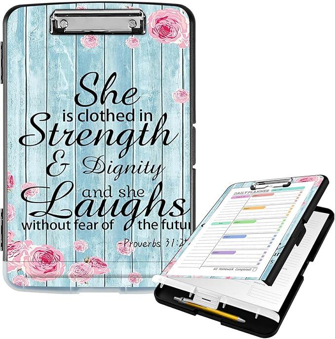 Clipboard with Storage High Capacity Plastic Nursing Clipboards with Pen Holder File Folder Storage Box Clipboard with Heavy Duty Clips for Teacher,Doctor,Offices-Bible Quote Proverbs 31-25