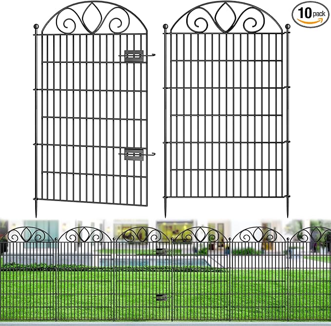 10 Panels No Dig Tall Garden Fence with Gate – 44" H X 23.6' L Rustproof Metal Dog Fence Outdoor for Yard, Decorative Animal Barrier Fence for Pet, Garden Border, Patio, Flower | Temporary Fencing