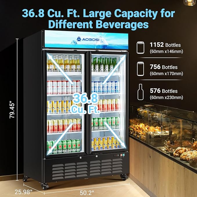 AAOBOSI Commercial Merchandiser Refrigerator,36.8 Cu.Ft Glass Door Display Refrigerator,Upright Beverage Cooler Fridge with Soft LED Light, Customizable Lightbox,Universal Casters, Adjustable Shelves