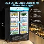 AAOBOSI Commercial Merchandiser Refrigerator,36.8 Cu.Ft Glass Door Display Refrigerator,Upright Beverage Cooler Fridge with Soft LED Light, Customizable Lightbox,Universal Casters, Adjustable Shelves