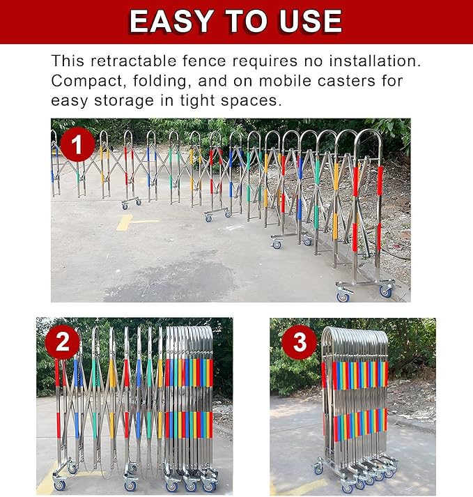 Stainless Steel Expandable Safety Barriers with Wheels - Foldable Crowd Control for Schools, Construction Sites, Garages, Roads (1.1x6m/3.6x19.7ft)