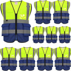 zojo High Visibility Safety Vests With Pockets, Pack of 10,Wholesale Reflective Vest for Outdoor Works, Cycling, Jogging, Walking,Sports - Fits for Men and Women(XL- Mesh-Mix Yellow & Blue)