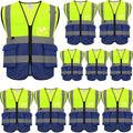 zojo High Visibility Safety Vests With Pockets,Pack of 10,Wholesale Reflective Vest for Outdoor Works, Cycling, Jogging, Walking,Sports - Fits for Men and Women (2XL- Mesh-Mix Yellow & Blue)