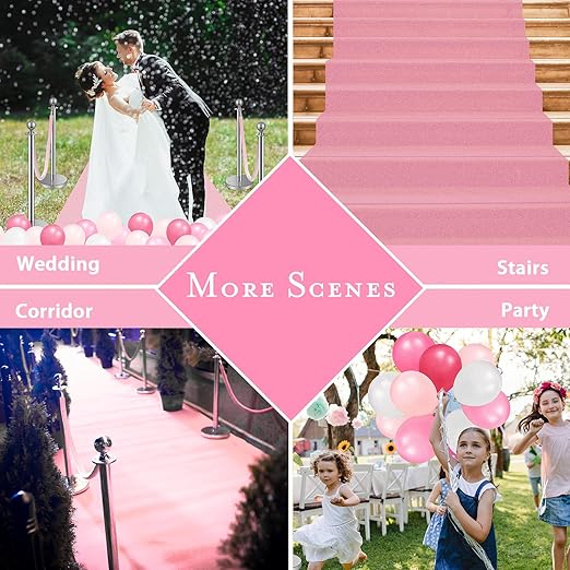 76 Pcs Carpet Runner for Party Set 1 Floor Runner 2 Double Sided Tape 6 Stanchion Post 4 Velvet Carpet Ropes 2 Foil Fringe Backdrop Curtains 60 Balloon 1 Ribbon for Party Supplies (Pink)