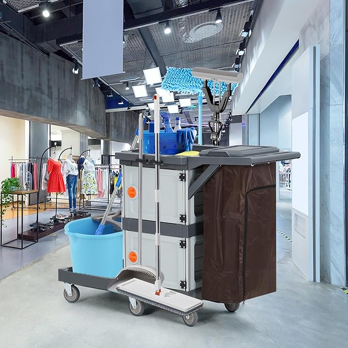 Janitorial Cart with 2 Cabinet, Commercial Cleaning Cart On Wheels with Cover, Shelves, and Oxford Bag, Housekeeping Cleaning Caddy Service Carts for School Hotel Apartment