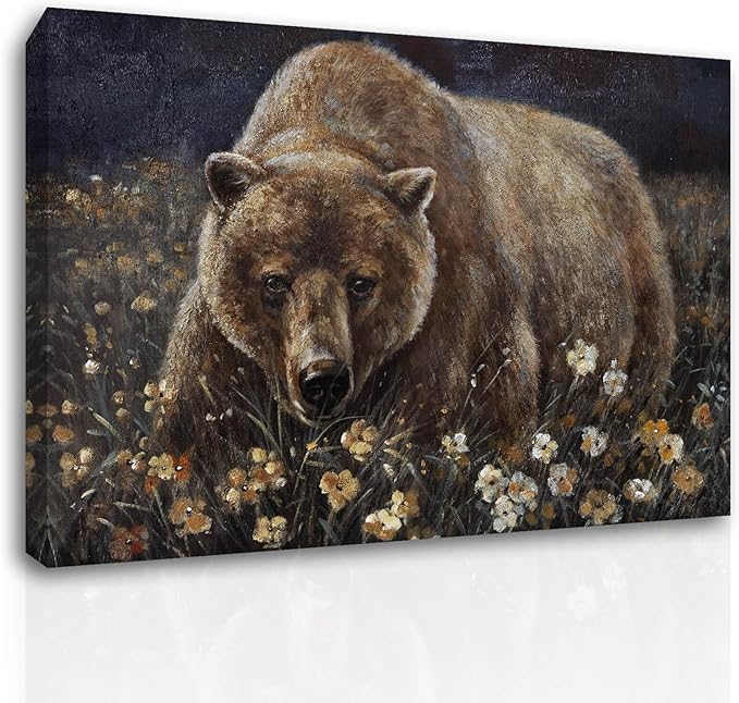 ZHENGYIN Brown Grizzly Bear Wall Art, Rustic Cabin Lodge Wildlife Canvas Print, Mountain Forest Animal Wall Decor for Living Room Bedroom Office, 12x16 Inch