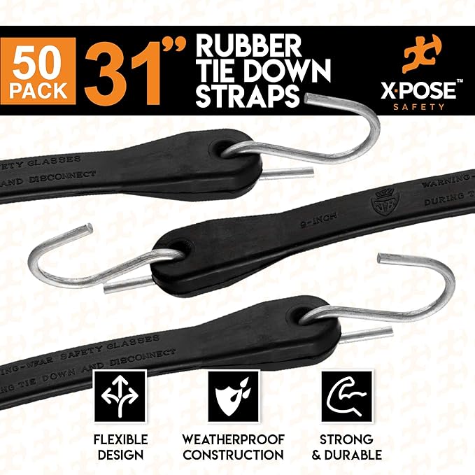 Rubber Bungee Cords with Hooks 50 Pack 31 Inch (47” Max Stretch) Heavy-Duty Black Tie Down Straps for Outdoor, Tarp Covers, Canvas Canopies, Motorcycle, and Cargo - by Xpose Safety