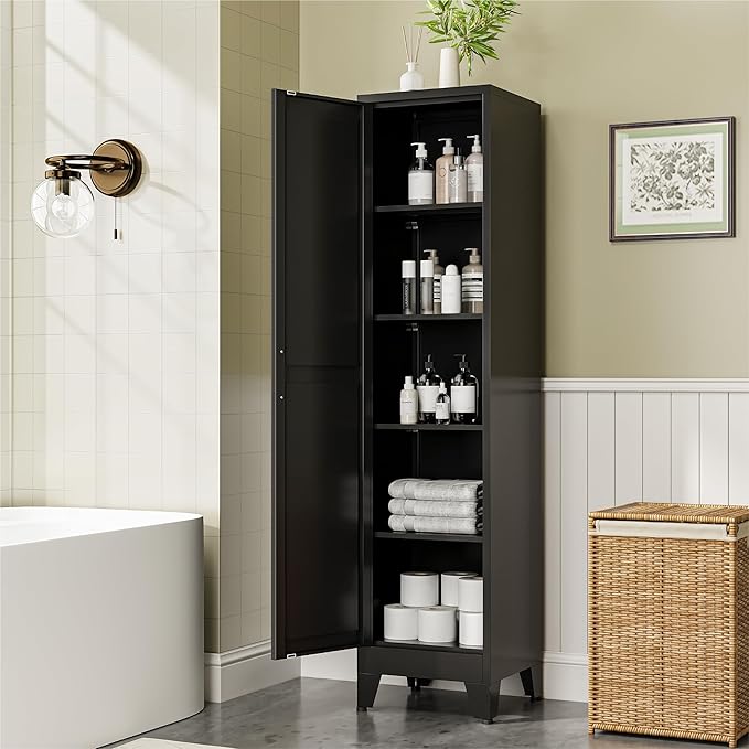 COFaR 67" Modern Pantry Cabinet, Black Storage Cabinet with Magnetic Door & 4 Adjustable Shelves, Slim Freestanding Cupboard for Office, Kitchen, Bathroom