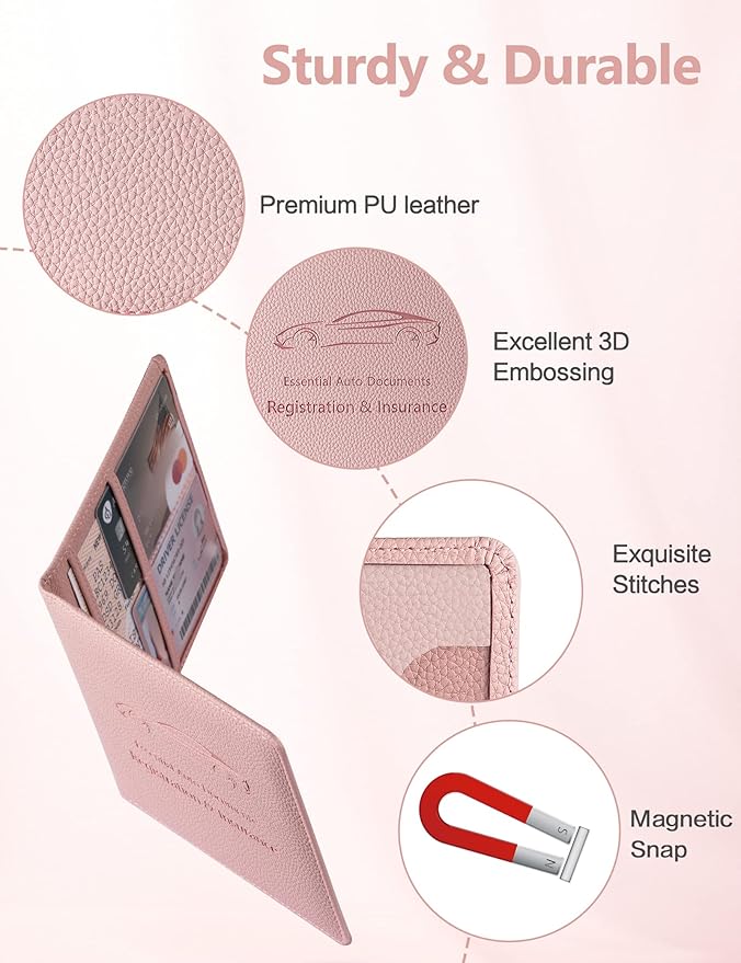 Mymazn Car Registration & Insurance Holder - PU Leather Document Holder with Magnetic Closure for Driver's License & Essential Papers, Pink