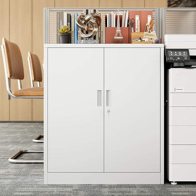 BESFUR Metal Storage Cabinet 36"H, Steel Garage Storage Cabinet with 2 Lockable Doors and 2 Adjustable Shelves, Garage Cabinet for Home Office, Garage,School, Apartment, Warehouse, Utility Room,White