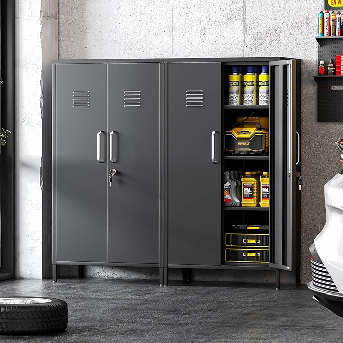 Metal Locker Cabinet, 27" W Bathroom Storage Cabinet, Vertical Steel Storage Cabinet with Locking Door and 3 Adjustable Shelves, Garage Tool File Lockers for Home Office, Garage, Bathroom, Black