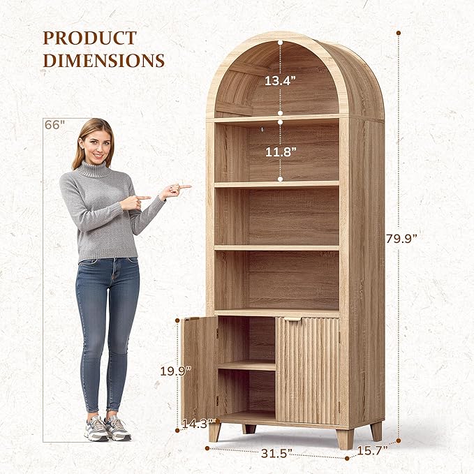 79.9" Tall Arched Pantry Cabinet, 6-Tier Arched Cabinet with Fluted Doors, Kitchen Pantry with Open & Adjustable Shelves, Versatile Cupboard for Dining Room, Living Room, Light Oak