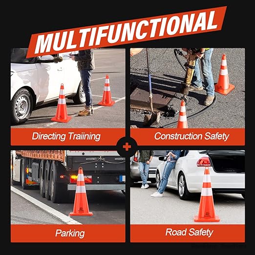 RoadHero 6 Pack Traffic Cones 28 Inch Safety Cones with Reflective Collar Orange Cones with Handle PVC Heavy Duty Cones for Parking Lot, Driving Training