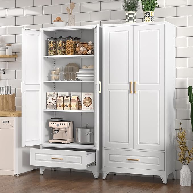 Kitchen Pantry Cabinet with Drawer, 75" Tall Pantry Cabinets for Kitchen Storage, Metal Storage Cabinets with Doors and Shelves, Freestanding Cupboards for Dining Room, White, Assembly Required
