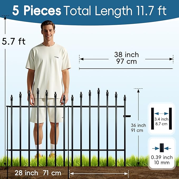 Metal Garden Fence 36" H x 28" W 5 Panels (4 Panels + 1 Gate) 11.6 Ft Total, Rustproof Animal Barrier No Dig Decorative Fencing for Dogs,Pet, Yard,& Patio, Easy Installation