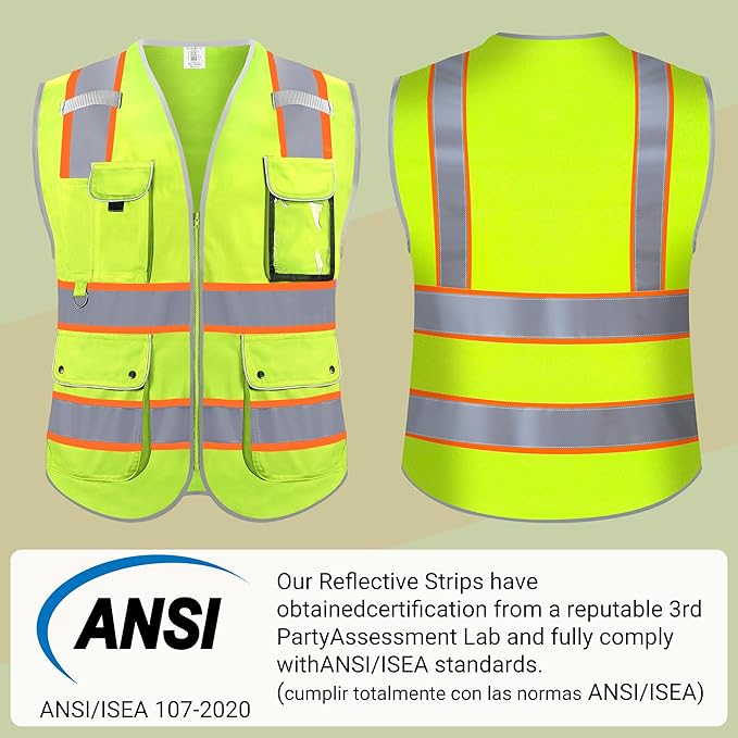 Reflective Safety Vest for Men Women, High Visibility Safety Vest with 8 Pockets Zipper Front, Meets ANSI Standards