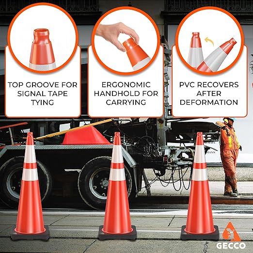 GECCO ™ (216 Cones per Pallet) 36 Inch 10 Lb Heavy Tall Orange Traffic Cones in Bulk | Large Safety Cones, Orange Cones, Parking Cones, Construction Cones | PVC Plastic & Black Base - [PRO Series]