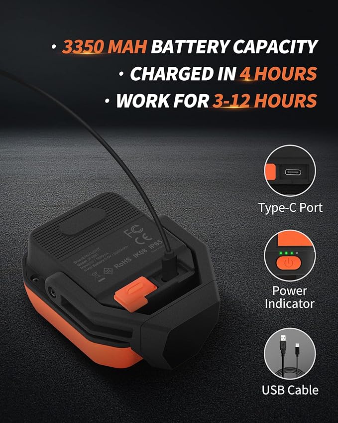 Led Work Light with 4 Modes,1200LM Portable COB Magnetic Light,3350mAh Recharge Spotlight and Floodlight,150° Rotate IP65 Waterproof for Car Repair and Camping (2 Packs Without Hook)
