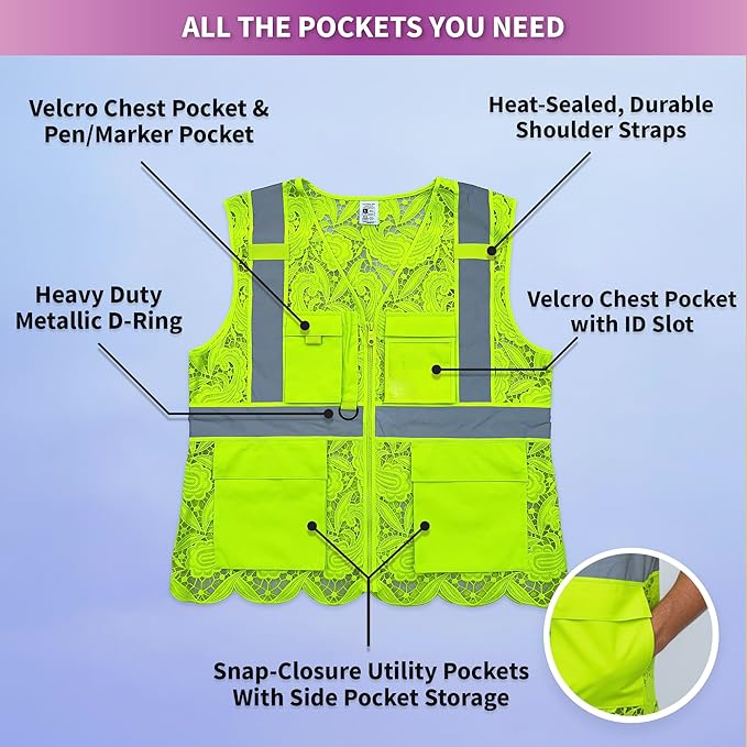 Lace-Mesh Safety Vest for Women & Men - Breathable, High Visibility Vest with Zipper & ANSI Class 2 Reflective Strips
