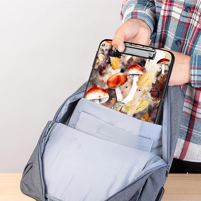 Clipboard with Storage,Storage Clipboard with Pen Holder,Heavy Duty Plastic Storage Clipboard with Low Profile Clip, Clipboard Folder, Teacher Must Haves, Office Supplies,Mushrooms and Leaves